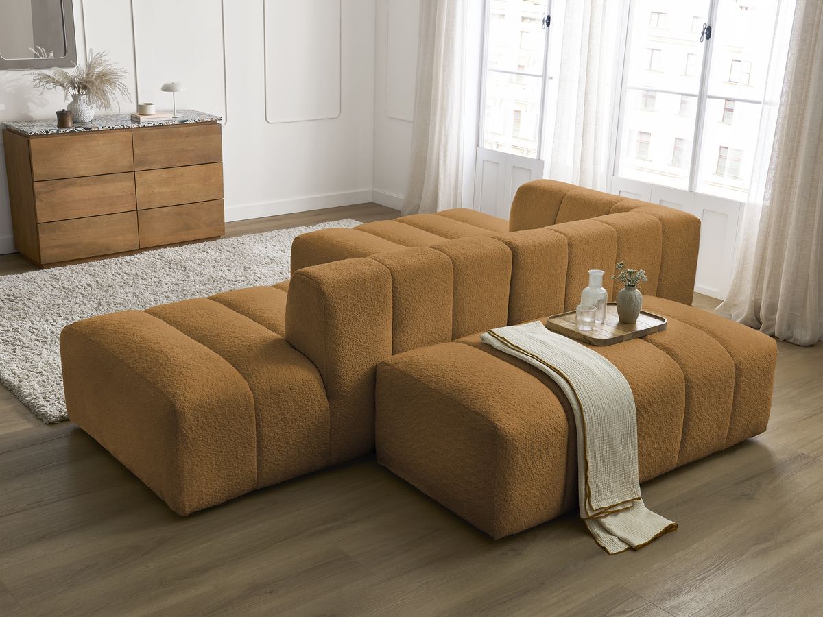 Canapé d'angle fixe modulable ANNECY tissu bouclette avec pouf
