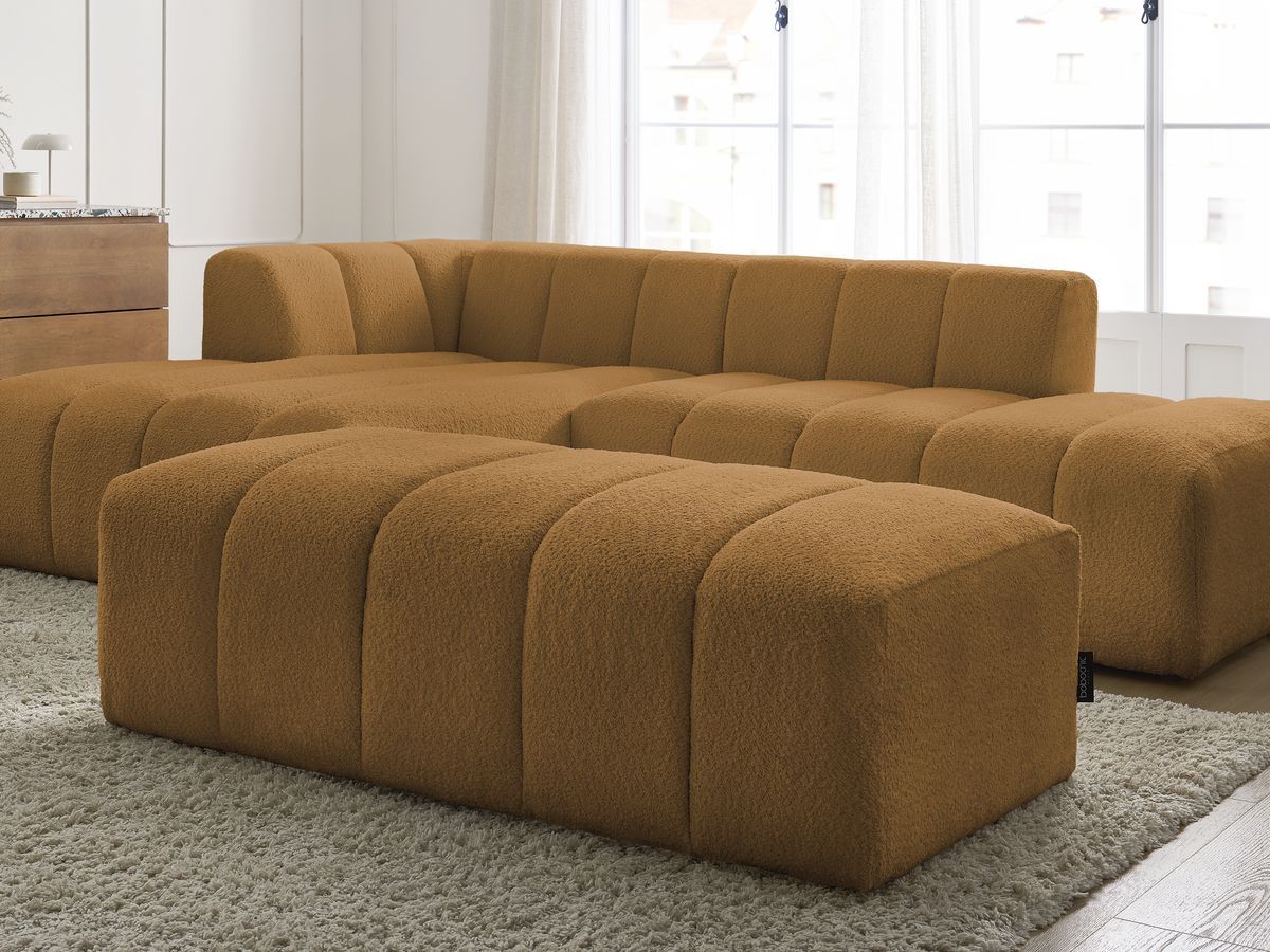 Canapé d'angle fixe modulable ANNECY tissu bouclette avec pouf