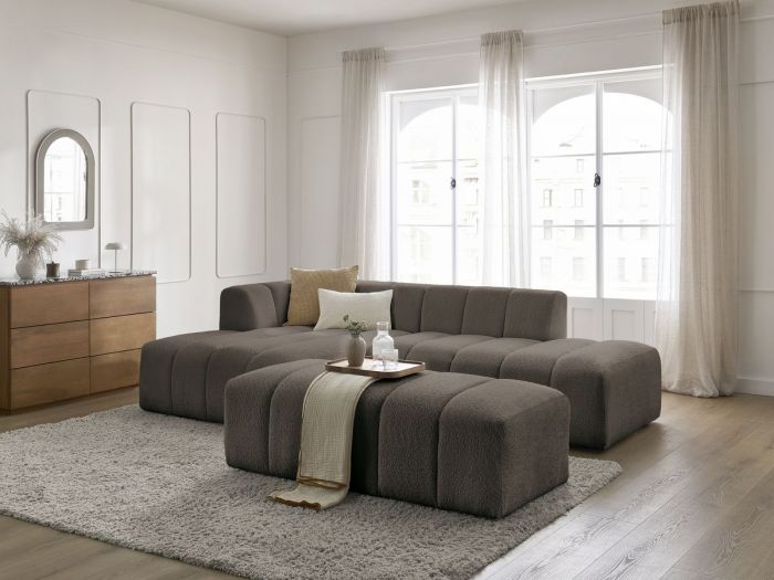 Canapé d'angle fixe modulable ANNECY tissu bouclette avec pouf