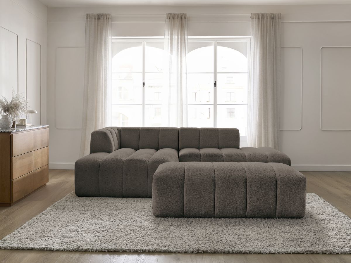 Canapé d'angle fixe modulable ANNECY tissu bouclette avec pouf marron angle gauche BOBOCHIC 4 places - Vue supplémentaire 3