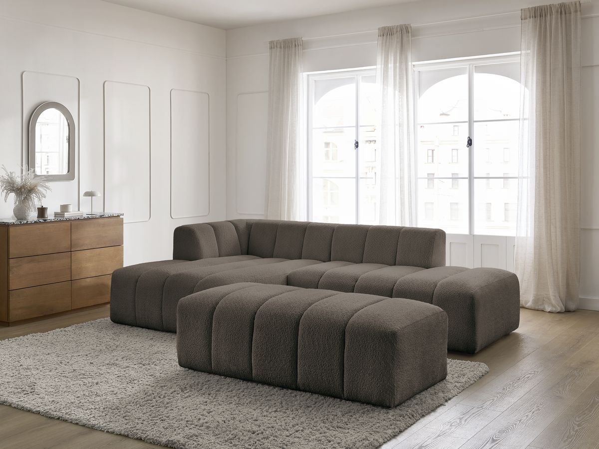 Canapé d'angle fixe modulable ANNECY tissu bouclette avec pouf
