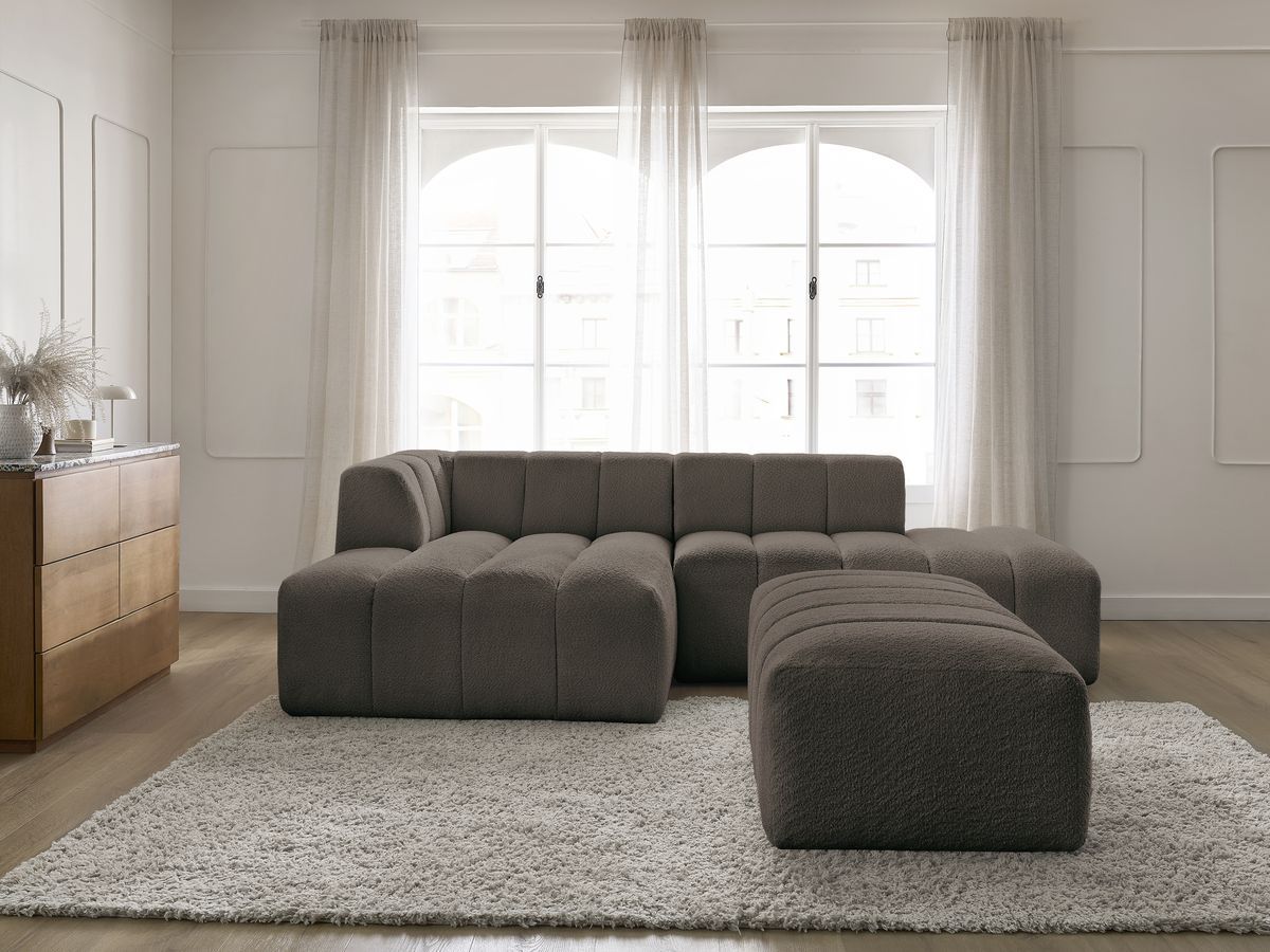 Canapé d'angle fixe modulable ANNECY tissu bouclette avec pouf