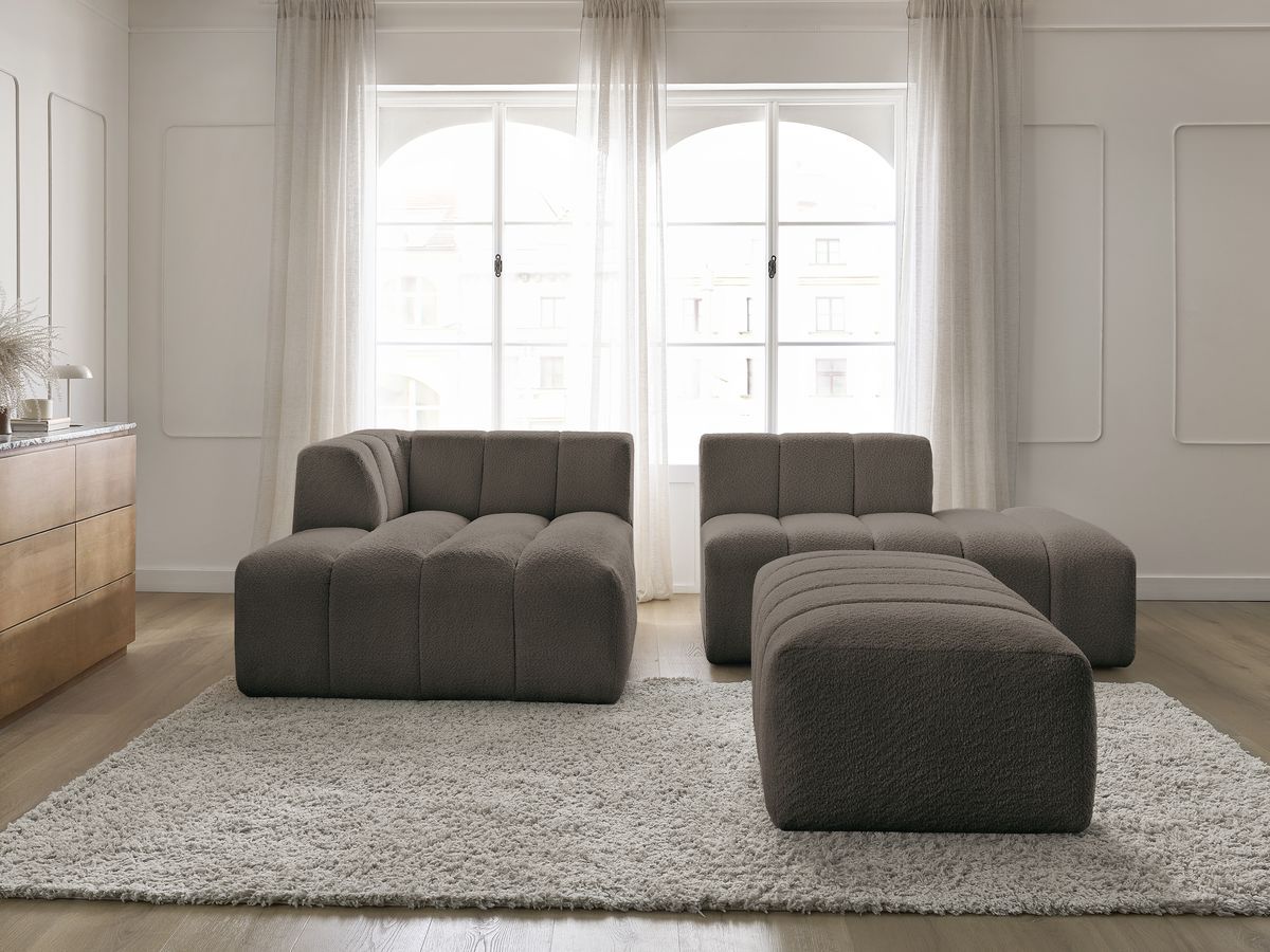 Canapé d'angle fixe modulable ANNECY tissu bouclette avec pouf