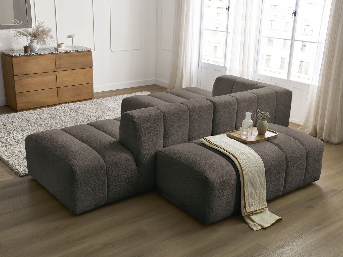 Canapé d'angle fixe modulable ANNECY tissu bouclette avec pouf