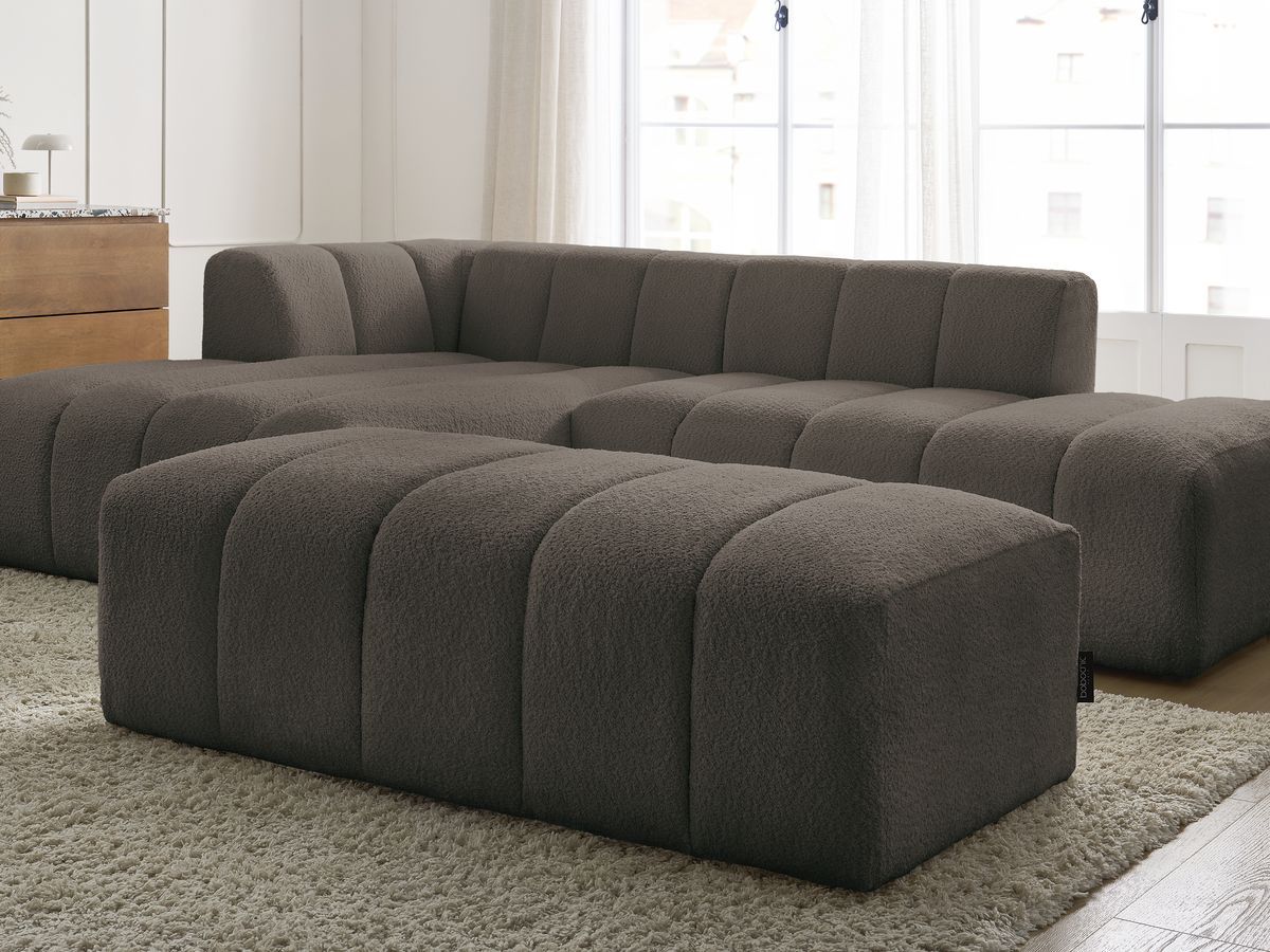 Canapé d'angle fixe modulable ANNECY tissu bouclette avec pouf