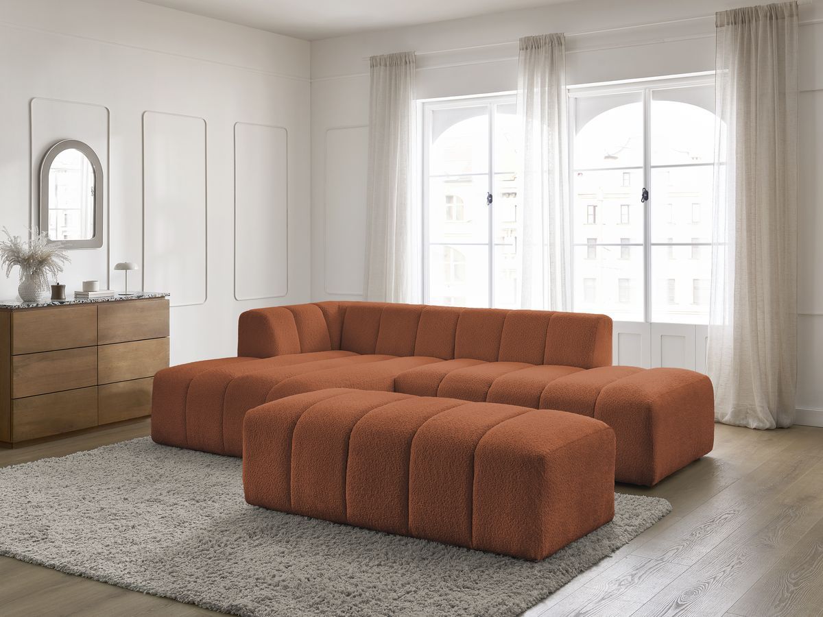 Canapé d'angle fixe modulable ANNECY tissu bouclette avec pouf
