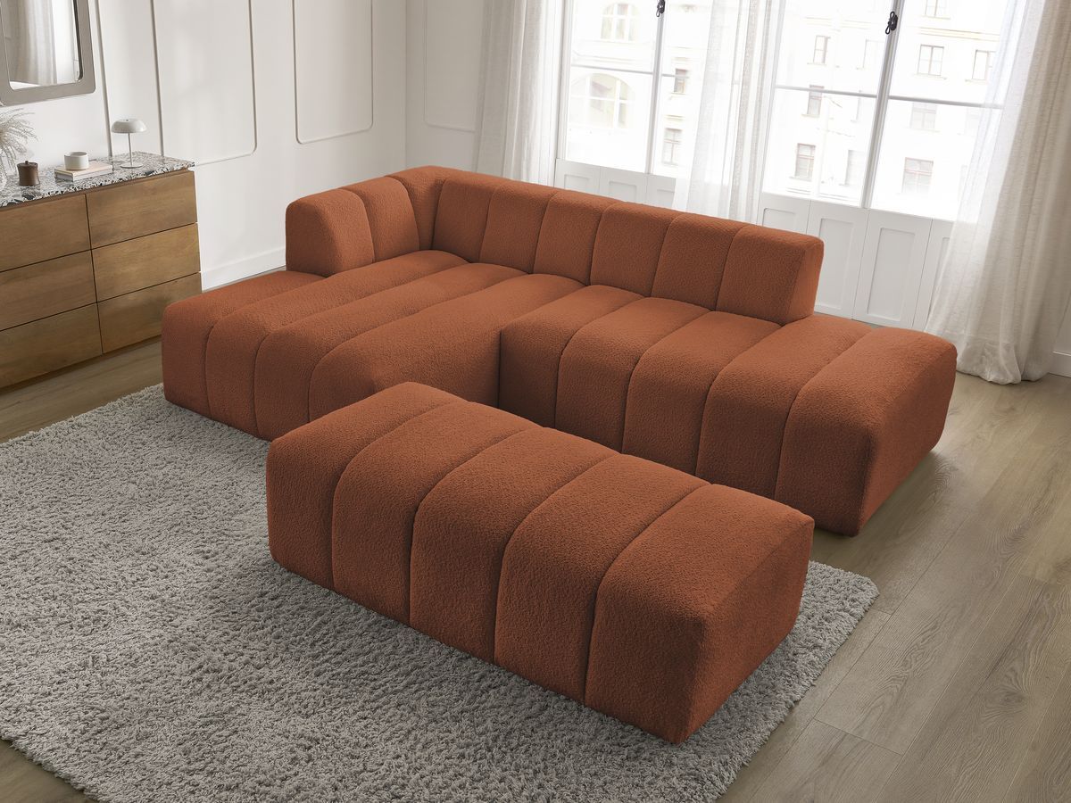 Canapé d'angle fixe modulable ANNECY tissu bouclette avec pouf