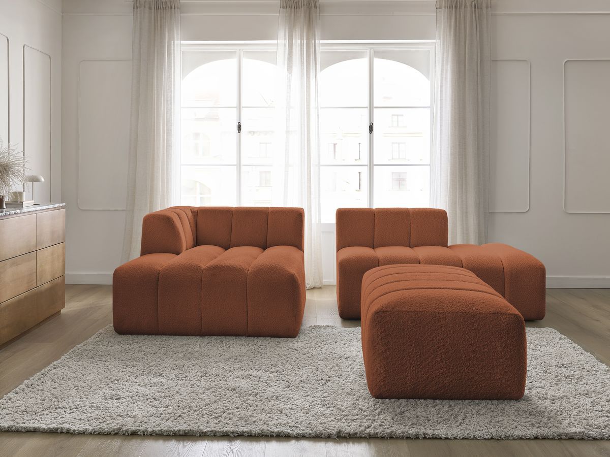 Canapé d'angle fixe modulable ANNECY tissu bouclette avec pouf