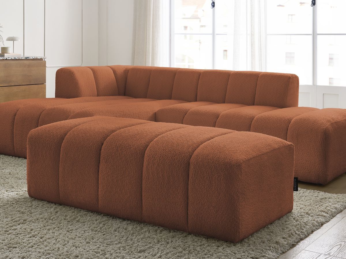 Canapé d'angle fixe modulable ANNECY tissu bouclette avec pouf