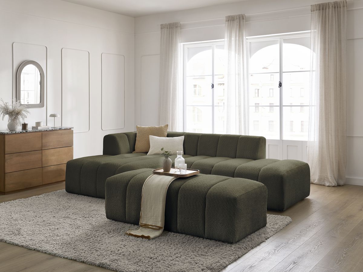 Canapé d'angle fixe modulable ANNECY tissu bouclette avec pouf