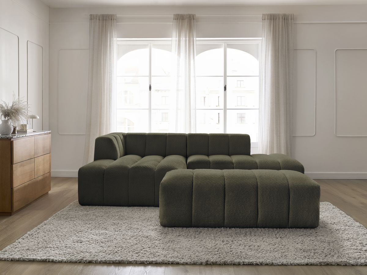 Canapé d'angle fixe modulable ANNECY tissu bouclette avec pouf vert angle gauche BOBOCHIC 4 places - Vue supplémentaire 3