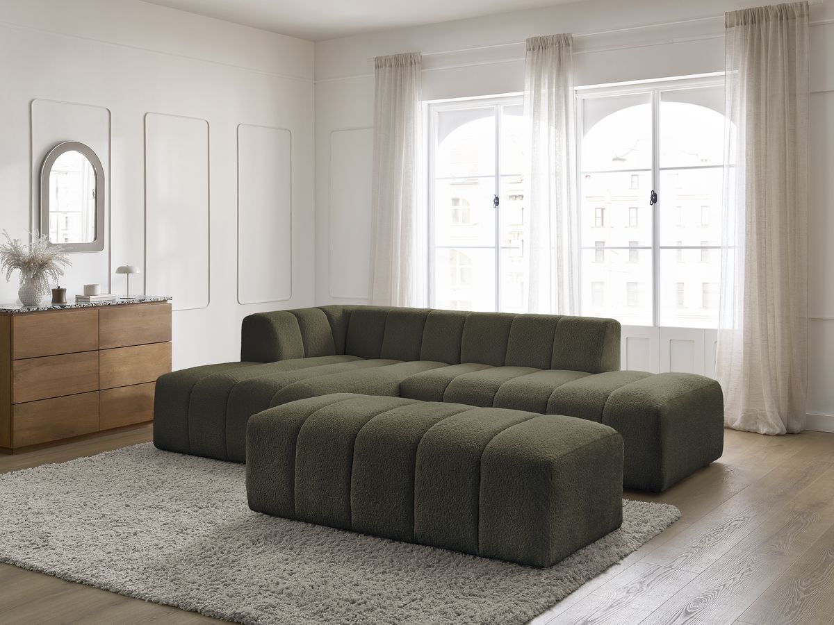 Canapé d'angle fixe modulable ANNECY tissu bouclette avec pouf