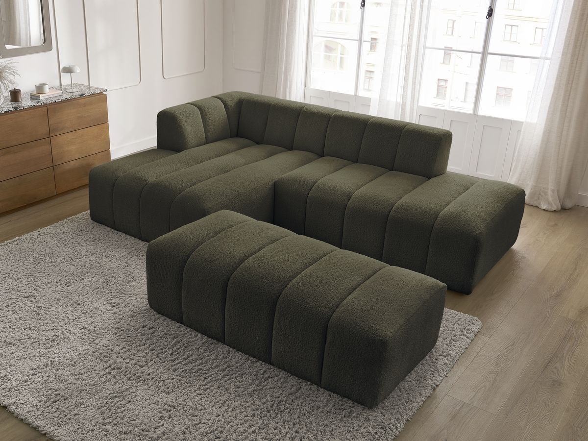 Canapé d'angle fixe modulable ANNECY tissu bouclette avec pouf