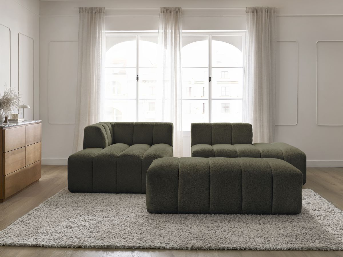 Canapé d'angle fixe modulable ANNECY tissu bouclette avec pouf