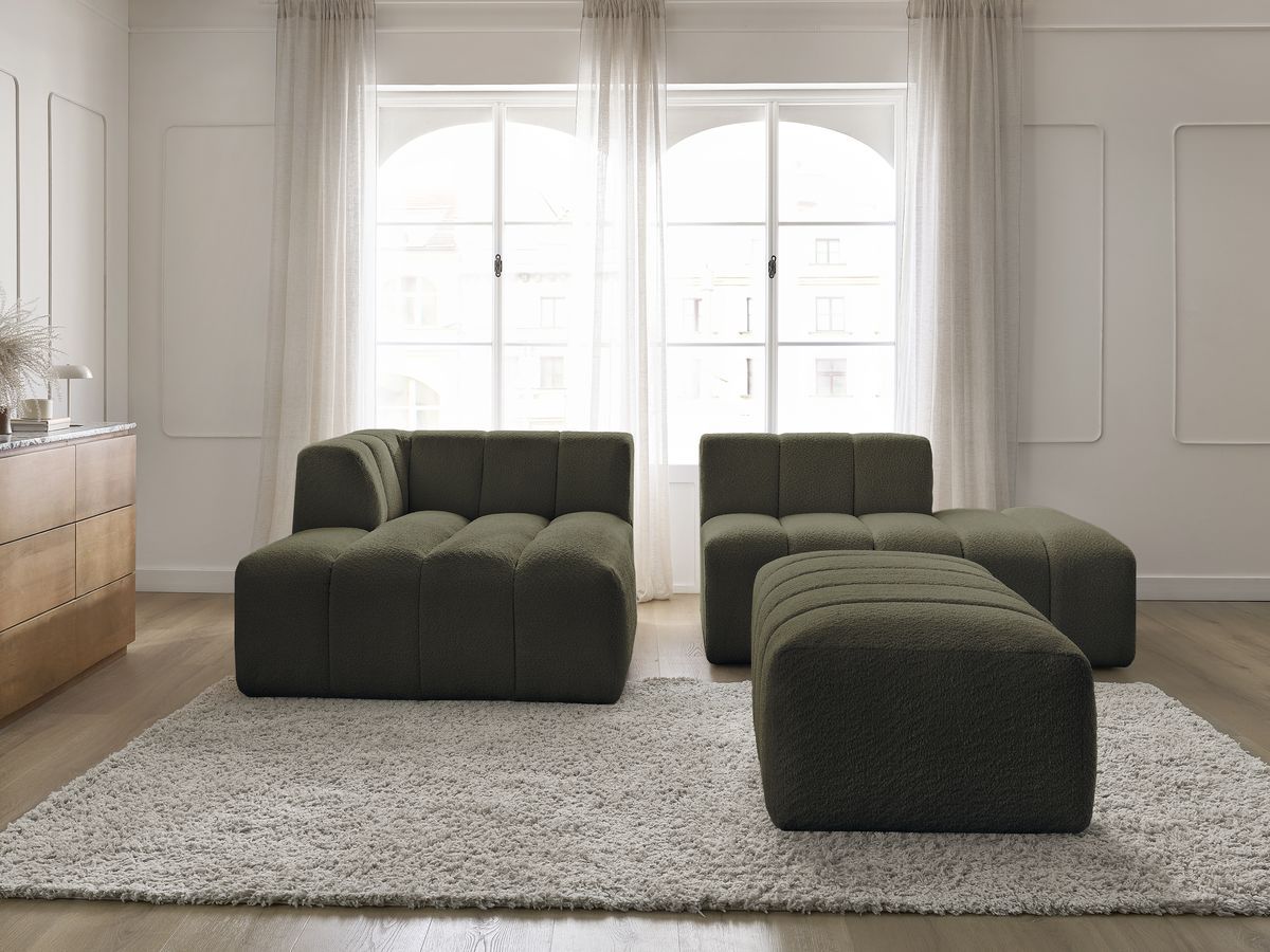 Canapé d'angle fixe modulable ANNECY tissu bouclette avec pouf