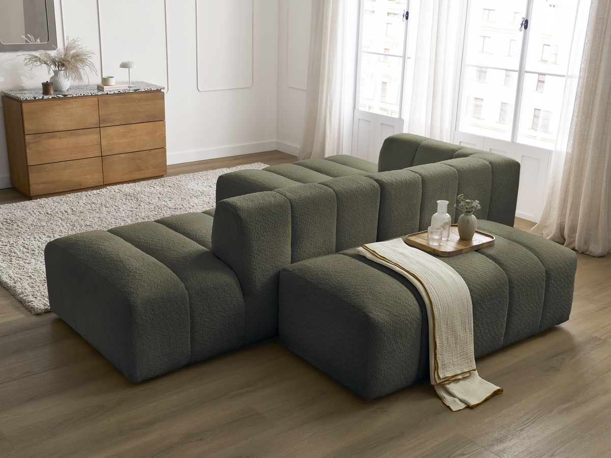 Canapé d'angle fixe modulable ANNECY tissu bouclette avec pouf