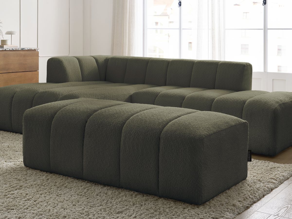 Canapé d'angle fixe modulable ANNECY tissu bouclette avec pouf