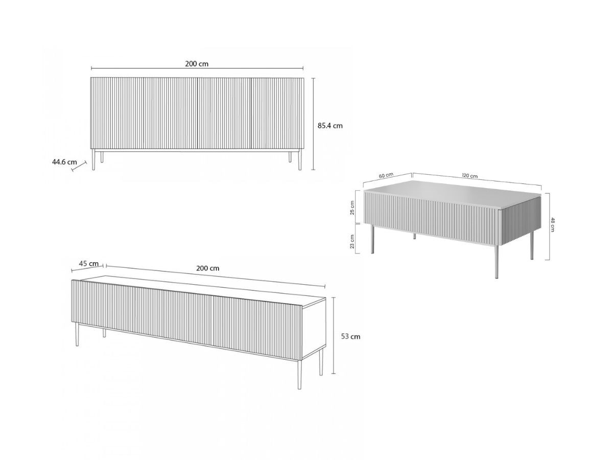 KASHA set met 200 cm tv-meubel + 200 cm 4-deurs dressoir + salontafel met zwarte poten