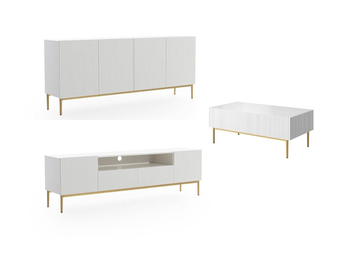 kasha set met 200 cm tv-meubel met nis + 200 cm 4-deurs dressoir met gouden poten gekleurd wit