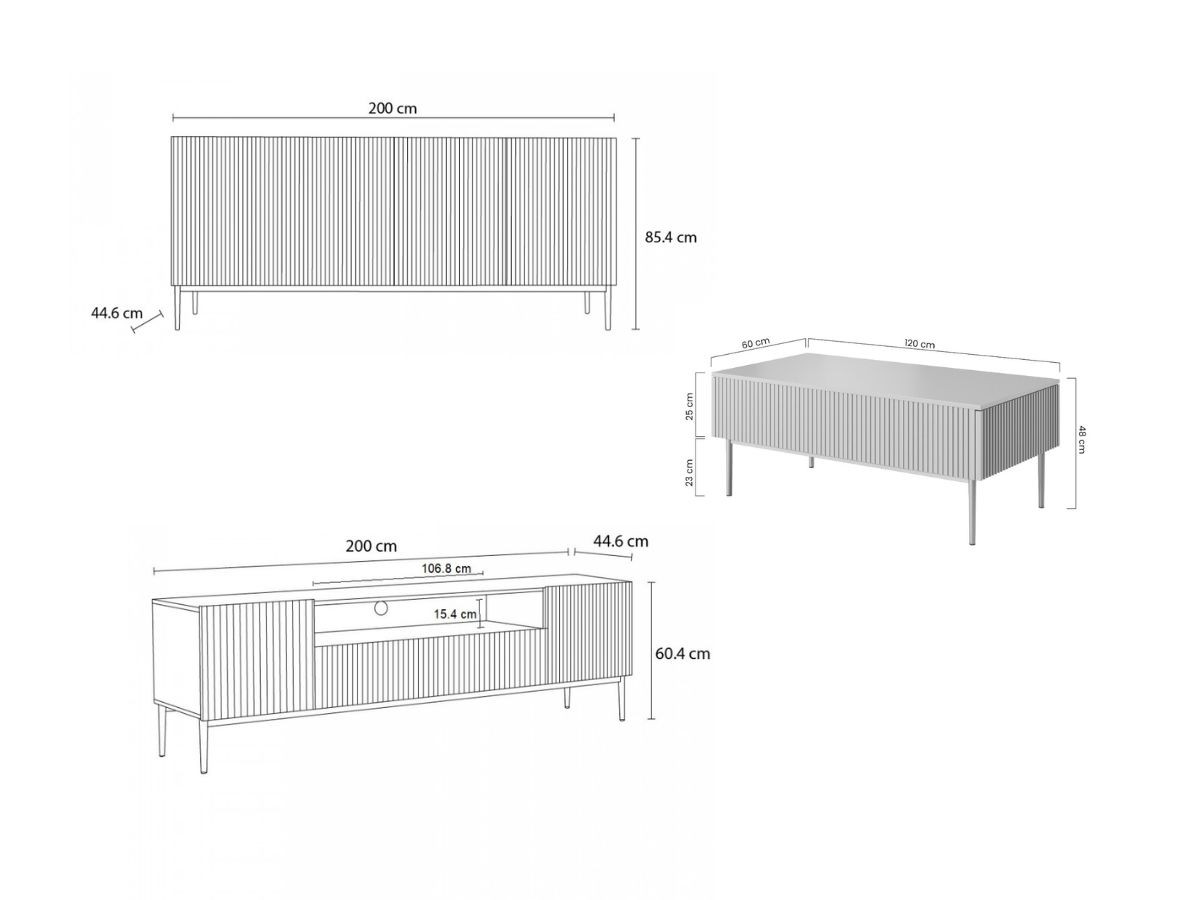 KASHA set met 200 cm tv-meubel met nis + 200 cm 4-deurs dressoir + salontafel met gouden poten