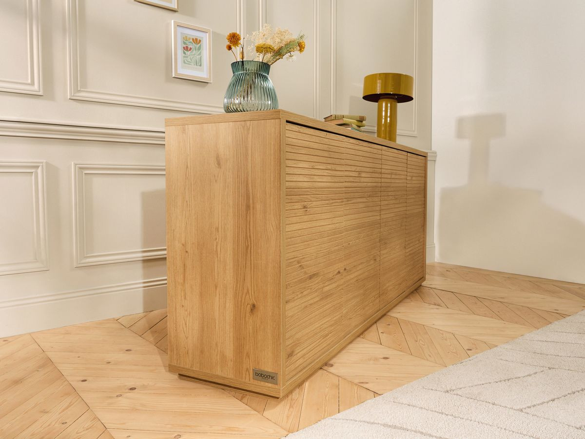 Buffet 4 portes 180 cm FERRET effet tasseaux de bois