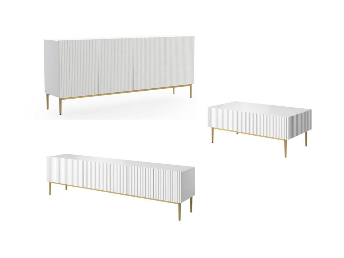 Ensemble KASHA avec meuble TV 200 cm + buffet 4 portes 200 cm + table basse pieds or