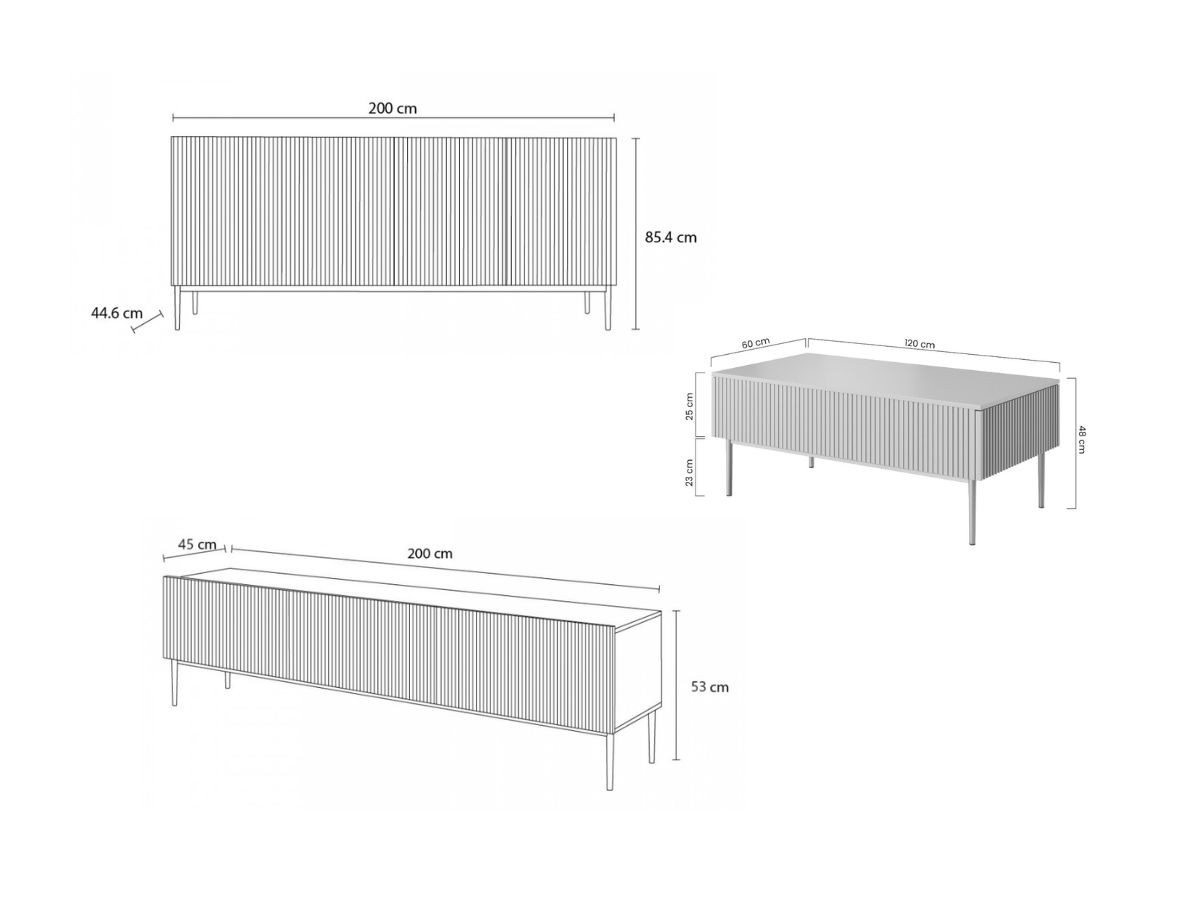 Ensemble KASHA avec meuble TV 200 cm + buffet 4 portes 200 cm + table basse pieds or