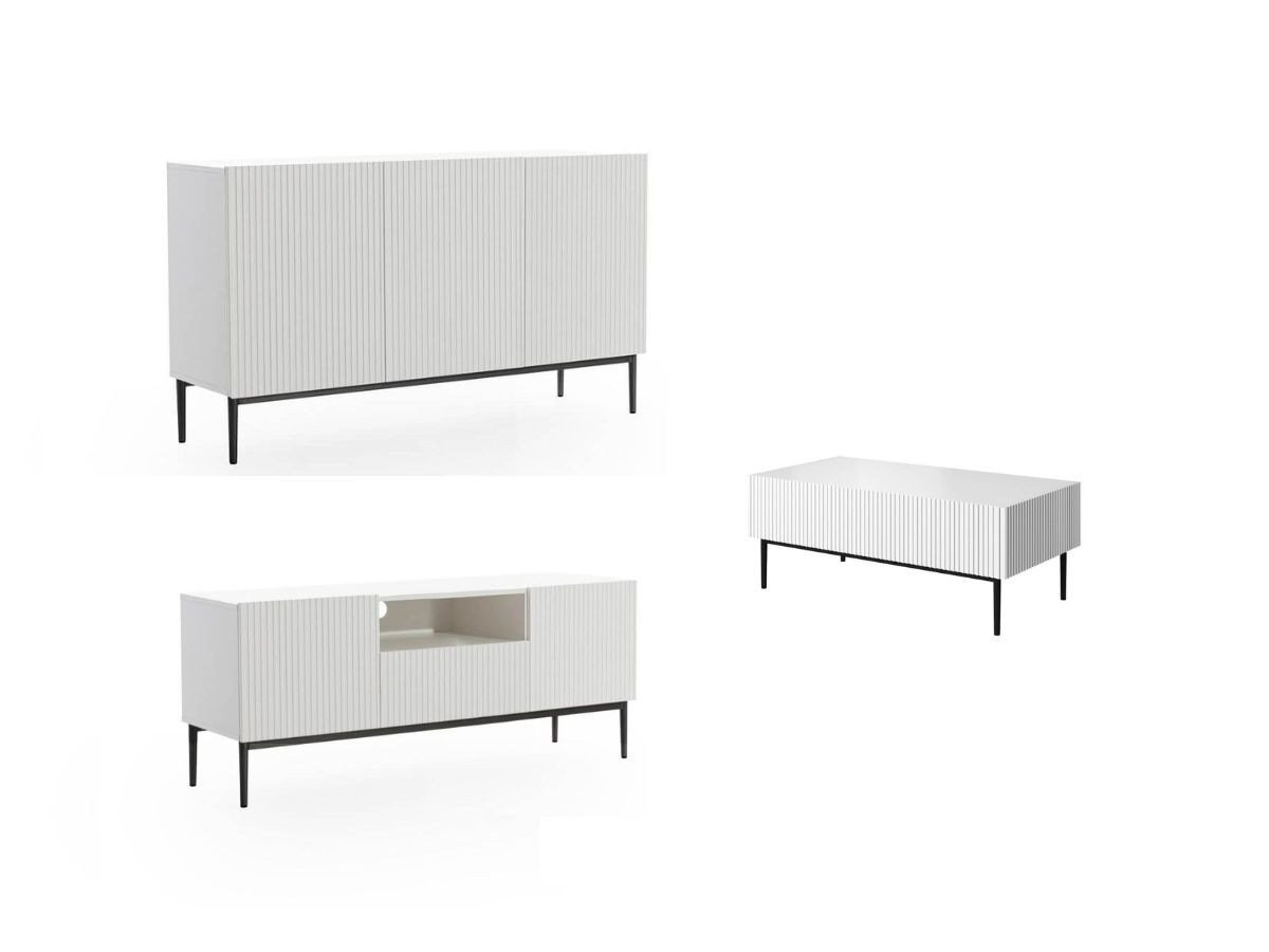 KASHA set met 150 cm tv-meubel met nis + 150 cm dressoir + salontafel met zwarte poten