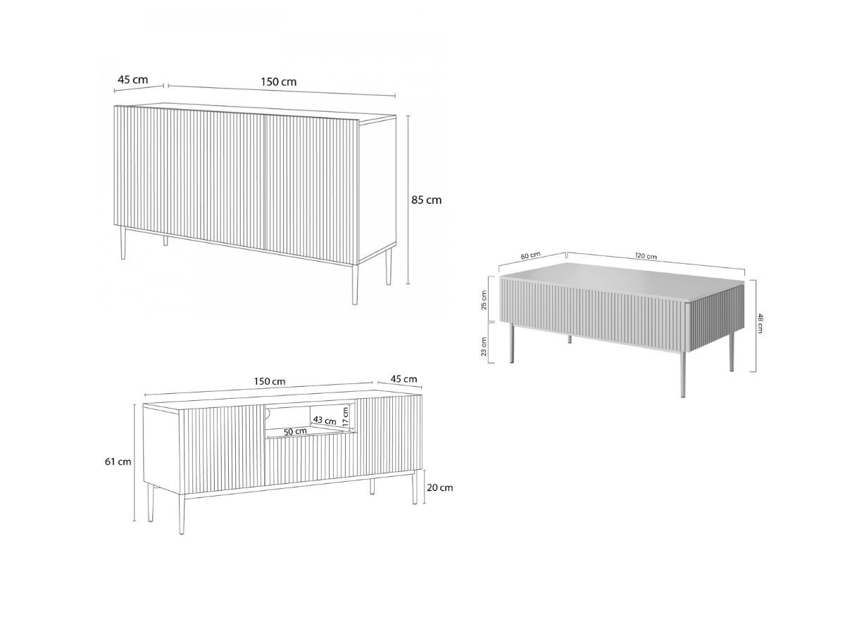 KASHA set met 150 cm tv-meubel met nis + 150 cm dressoir + salontafel met zwarte poten