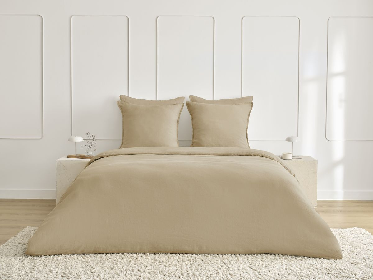 Parure de lit en Lin lavé ARES avec une housse de couette, 2 taies d'oreiller beige