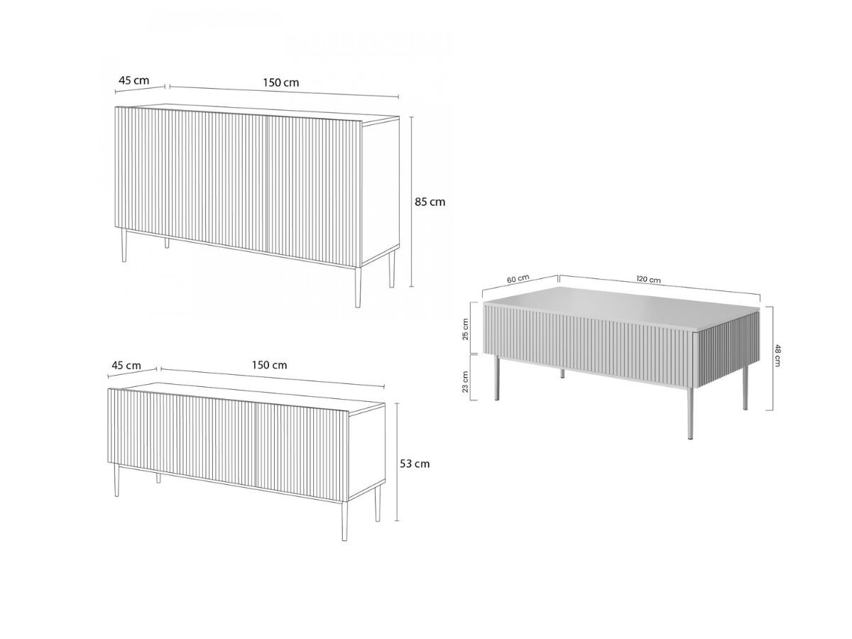 Ensemble KASHA avec meuble TV 150 cm + buffet 150 cm + table basse pieds noirs