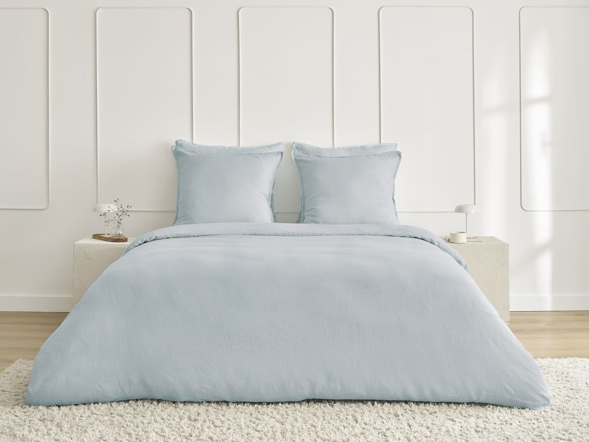 Parure de lit en Lin lavé ARES avec une housse de couette, 2 taies d'oreiller bleu clair