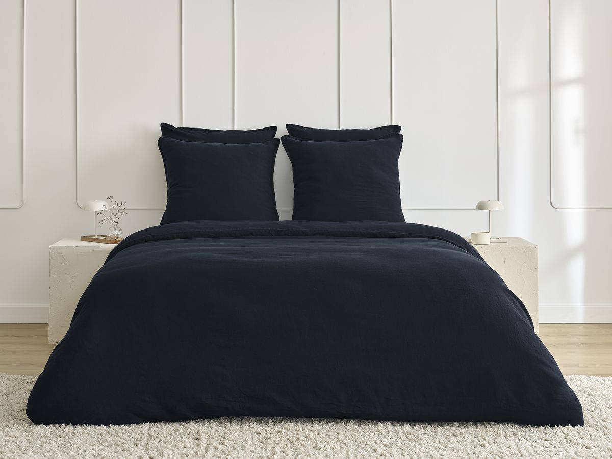 Parure de lit en Lin lavé ARES avec une housse de couette, 2 taies d'oreiller bleu foncé