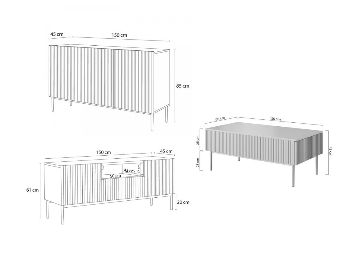 KASHA set met 150 cm tv-meubel met nis + 150 cm dressoir + salontafel met gouden poten