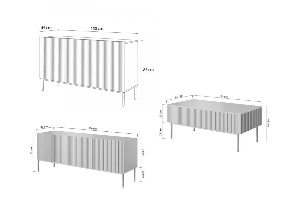 KASHA set met 150 cm tv-meubel + 150 cm dressoir + salontafel met gouden poten