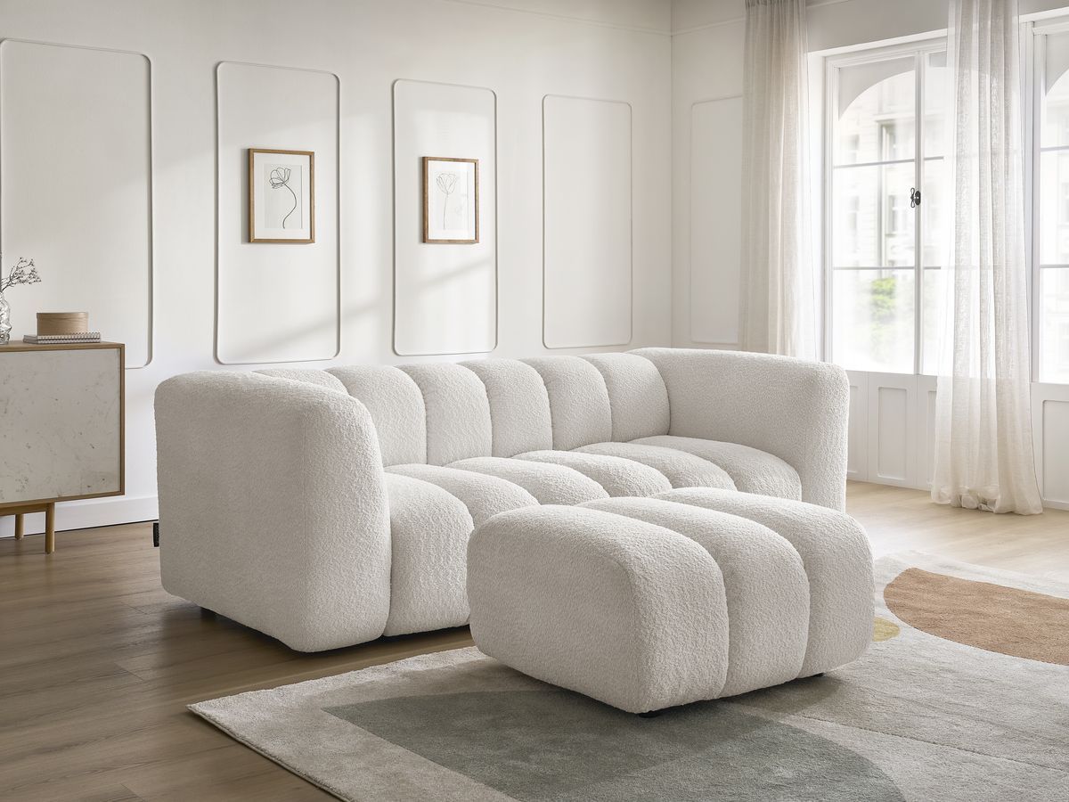 Canapé droit fixe 3 places TALIA tissu bouclette avec pouf