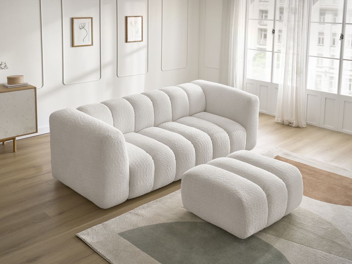 Canapé droit fixe 3 places TALIA tissu bouclette avec pouf