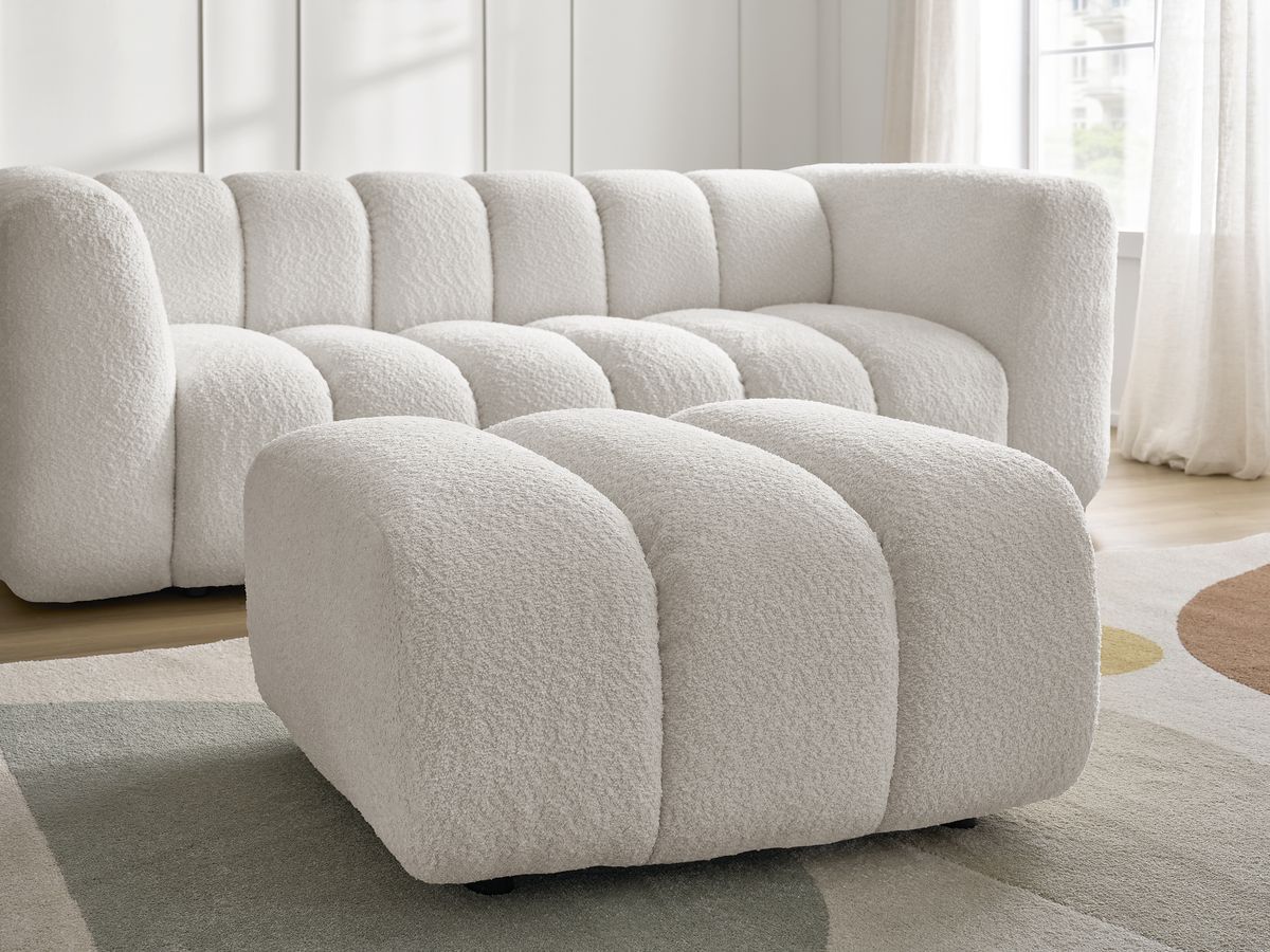 Canapé droit fixe 3 places TALIA tissu bouclette avec pouf