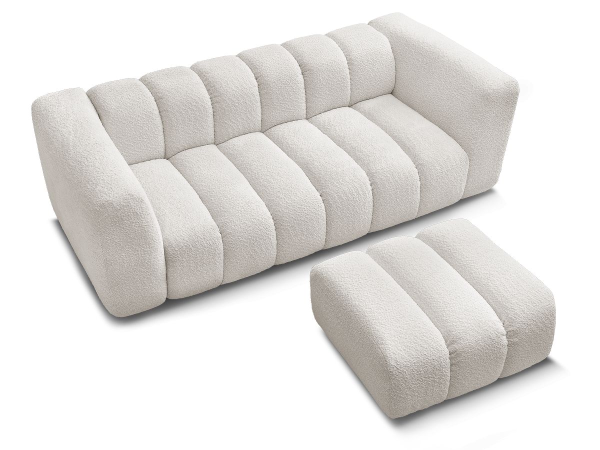 Canapé droit fixe 3 places TALIA tissu bouclette avec pouf