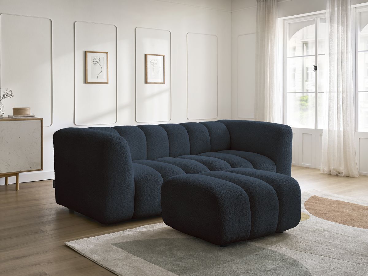 Canapé droit fixe 3 places TALIA tissu bouclette avec pouf