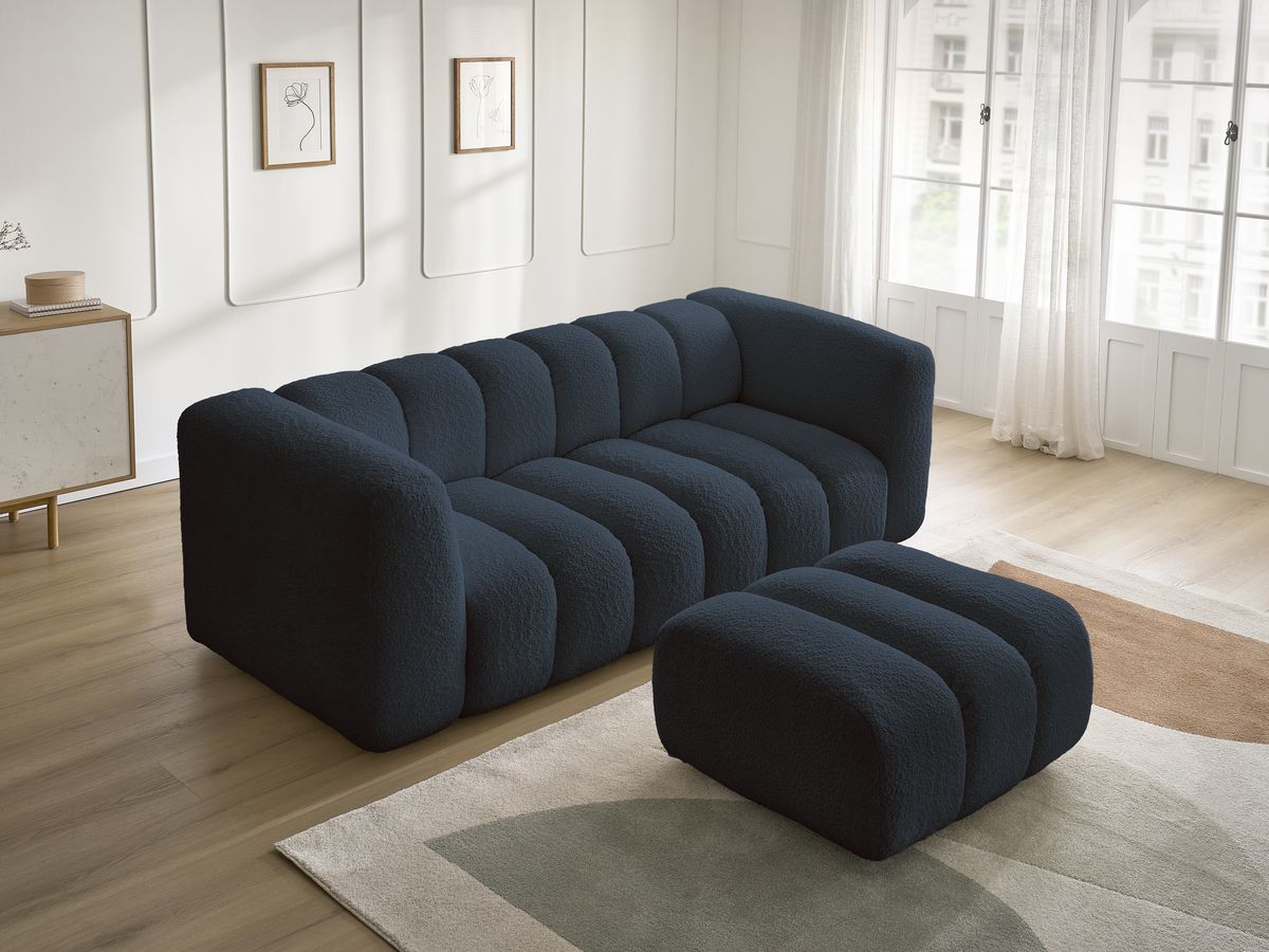 Canapé droit fixe 3 places TALIA tissu bouclette avec pouf