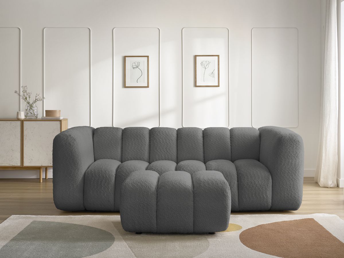 Canapé droit 3 places TALIA bouclette avec pouf gris foncé — vue 5