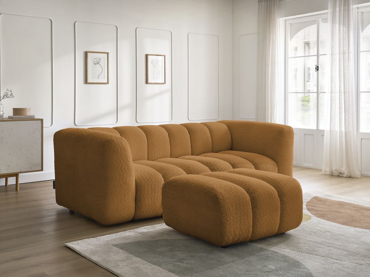 Canapé droit fixe 3 places TALIA tissu bouclette avec pouf