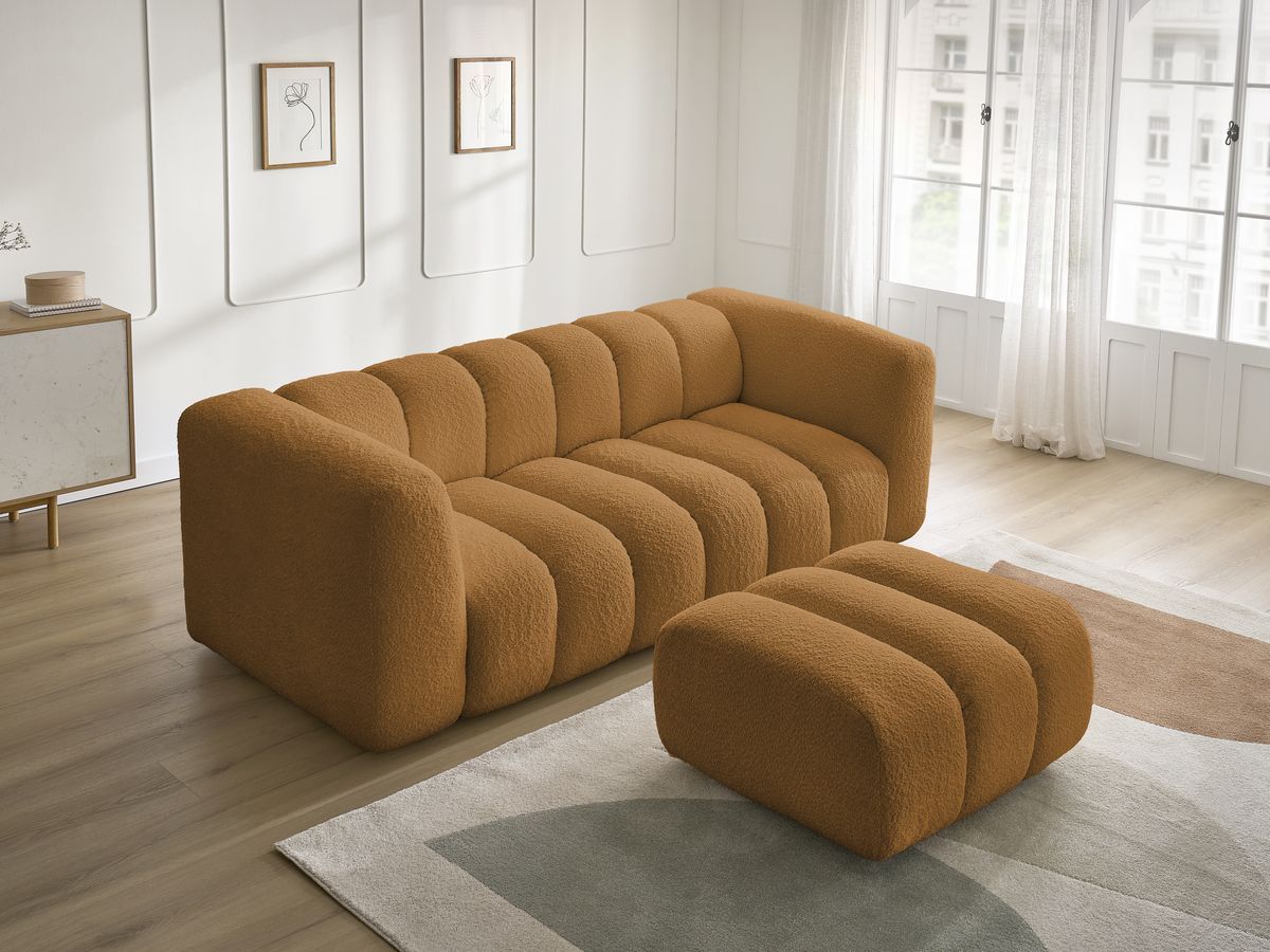 Canapé droit fixe 3 places TALIA tissu bouclette avec pouf