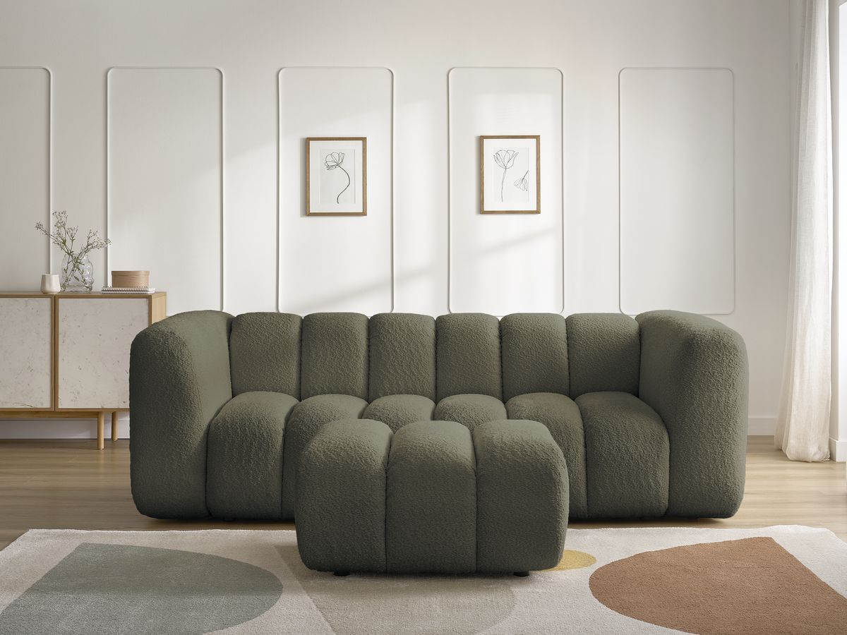 Canapé droit 3 places TALIA bouclette avec pouf vert — vue 5