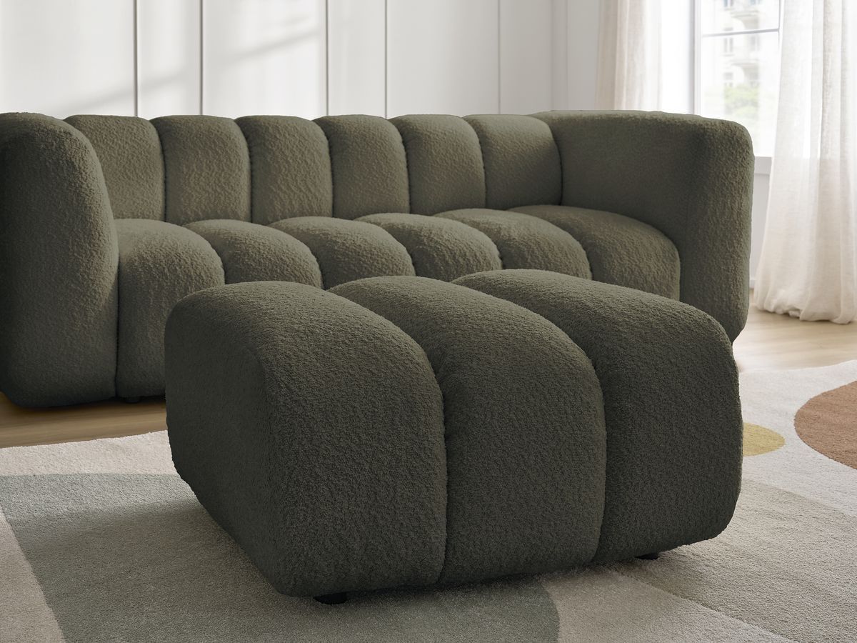 Canapé droit fixe 3 places TALIA tissu bouclette avec pouf