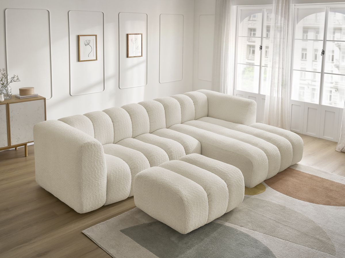 Canapé d'angle fixe TALIA tissu bouclette avec pouf