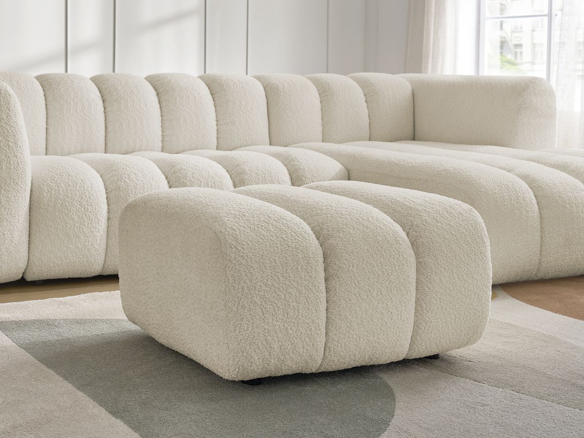 Canapé d'angle fixe TALIA tissu bouclette avec pouf