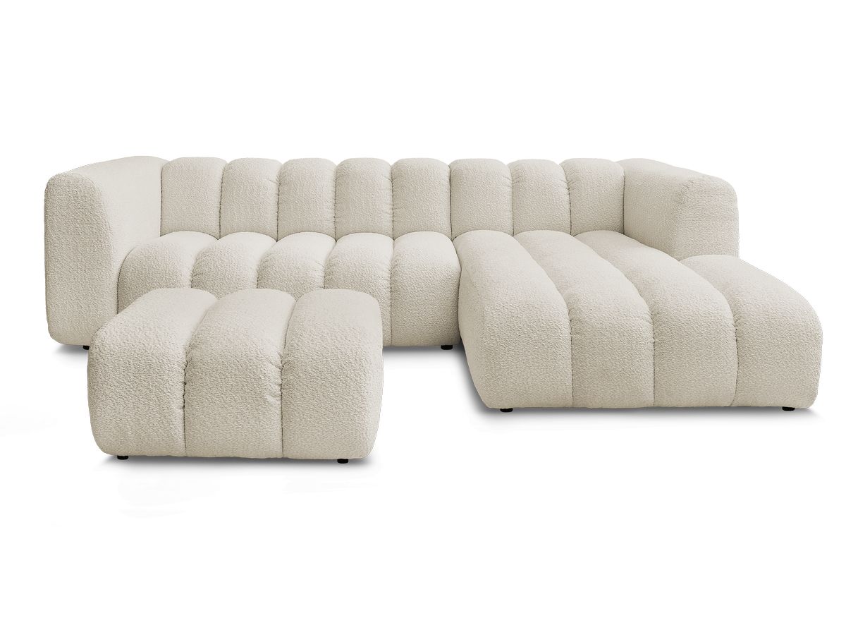 Canapé d'angle fixe TALIA tissu bouclette avec pouf
