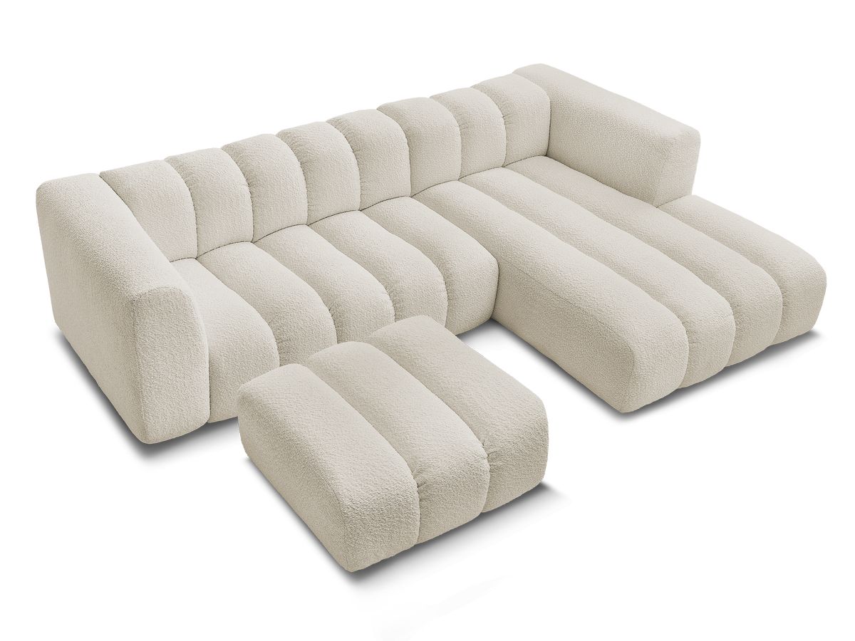 Canapé d'angle fixe TALIA tissu bouclette avec pouf